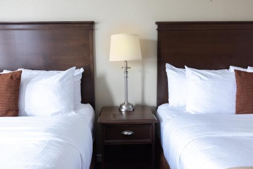 a hotel room with two beds and a lamp on a night stand at Aurora Inn in Kingston