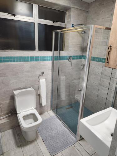 a bathroom with a shower and a toilet and a sink at 1204 Ten South Beach Apartment in Durban