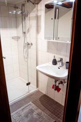 a white bathroom with a shower and a sink at Ferienwohnung zum Eiling in Bestwig