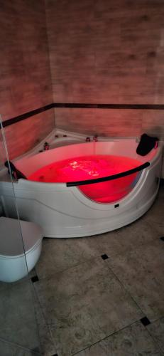bañera llena de líquido rojo en el suelo en Sea romantic 26th floor with Jacuzzi, en Klaipėda