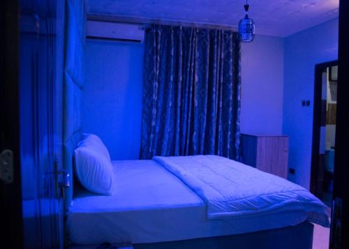 een blauwe kamer met een bed en een raam bij Home to Home luxury apartments and suites in Benin City