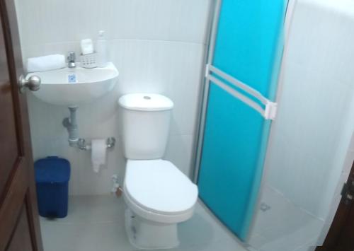 uma casa de banho com um WC e uma porta de duche em vidro. em La Reserva de UBA em Mompós