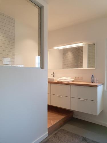 ein Bad mit einem Waschbecken und einem Spiegel in der Unterkunft Le Chateau Blanc in Verviers