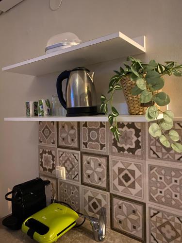 una cocina con un estante con plantas. en SUNIBELROOMS en Paralia Katerinis