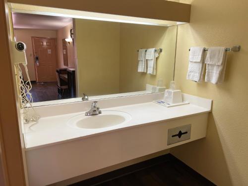 a bathroom with a sink and a large mirror at Executive Inn & Suites Near Lackland AFB in San Antonio
