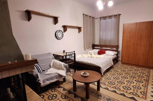 sala de estar con cama y sofá en Ορεινό καταφύγιο Παρνασσού, en Amfikleia