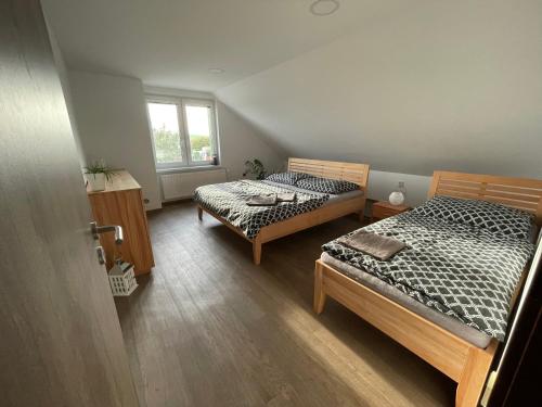 a bedroom with two beds and a window at Dětský svět nedaleko Kraví Hory in Bořetice