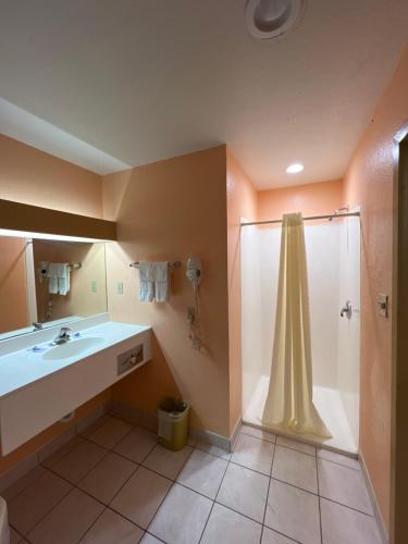 W łazience znajduje się prysznic i umywalka. w obiekcie Executive Inn & Suites Lackland AFB w mieście San Antonio