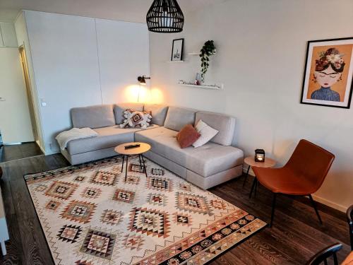a living room with a couch and a rug at Big 88m2 apartment in the center in Rovaniemi