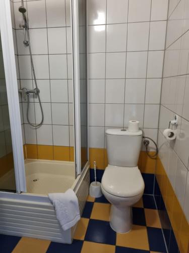 a bathroom with a toilet and a shower at Zajazd Bazylia in Ozorków