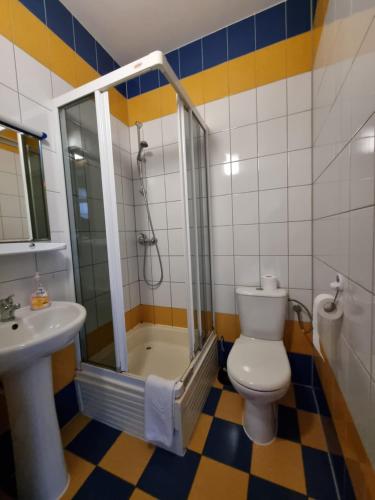 a bathroom with a toilet and a shower and a sink at Zajazd Bazylia in Ozorków