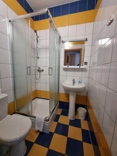 W łazience znajduje się prysznic, toaleta i umywalka. w obiekcie Zajazd Bazylia w mieście Ozorków