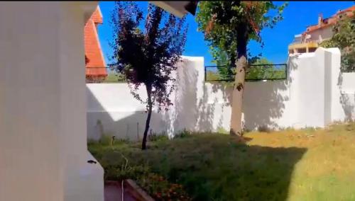 Una pared blanca con un árbol en un patio en Villa jouhara, en Ifrane