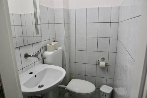 ザルツブルクにあるThe City Appartmentの白いバスルーム(トイレ、シンク付)