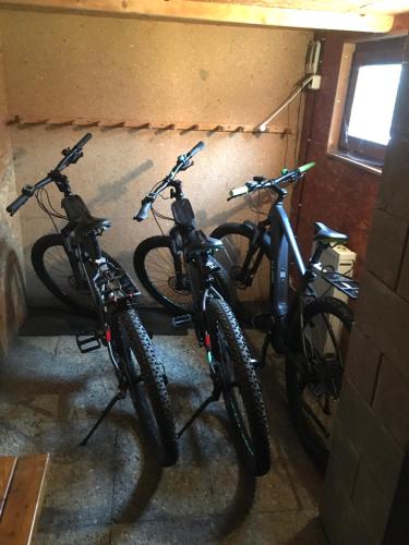a group of bikes parked in a garage at Rodinné apartmány Rafael Bedřichov in Bedřichov