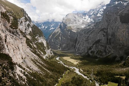 a view of a valley in a mountain range at Seilers Vintage Hotel & Spa in Kandersteg