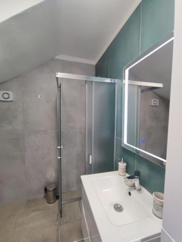 a bathroom with a sink and a shower at Bobelino in Povlja