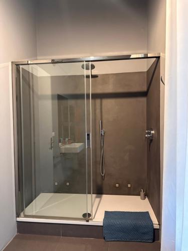 a shower with a glass door and a sink at Botta 9 in Bergamo