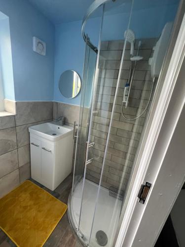a bathroom with a shower with a toilet and a sink at Cozy cottage in Almondbury