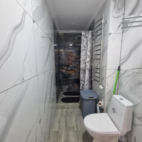 een kleine badkamer met een toilet en een douche bij Modern Apartment in Chişinău