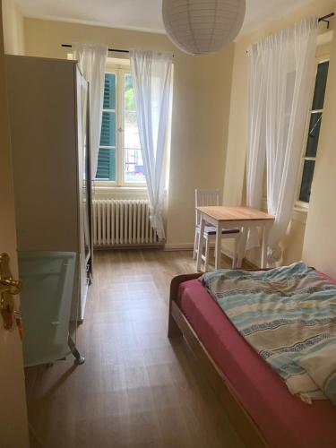 a bedroom with a bed and a table and a window at Burgfreiheit in Heidelberg