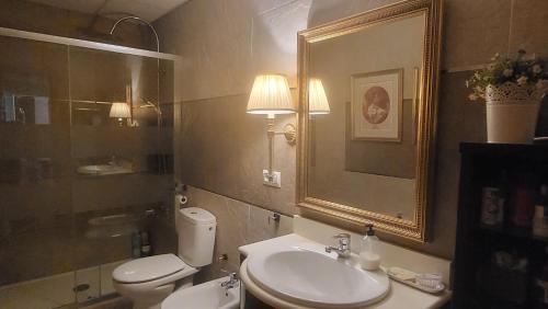 bagno con servizi igienici, lavandino e specchio di CASA BLANCA a Ciudad Real