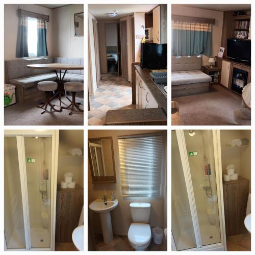 a series of four pictures of a bathroom with a toilet at 6 dunster court haven park doniford bay in Watchet