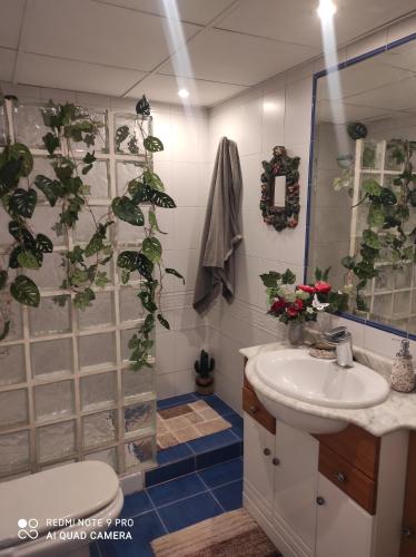 ein Bad mit einem Waschbecken und einer Dusche mit Pflanzen in der Unterkunft Maravilloso apartamento in San Sebastián de los Reyes