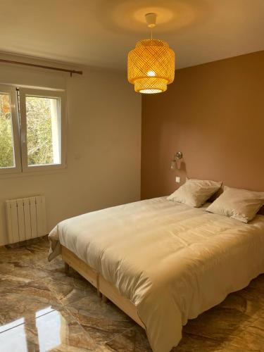a bedroom with a large bed and a chandelier at L' appart de Chantal in Lherm