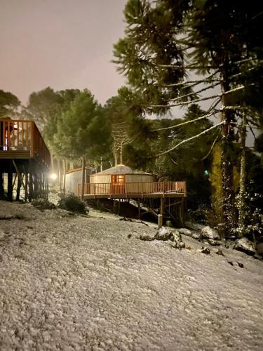 a house with a deck in the middle of a field at Glamping montain experience in São Joaquim