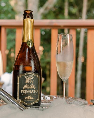 a bottle of champagne and a glass on a table at Glamping montain experience in São Joaquim