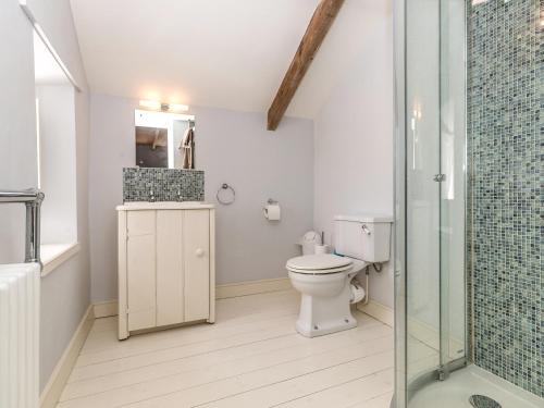 a bathroom with a toilet and a glass shower at Wdig Farmhouse - Qc1263 in St. Davids