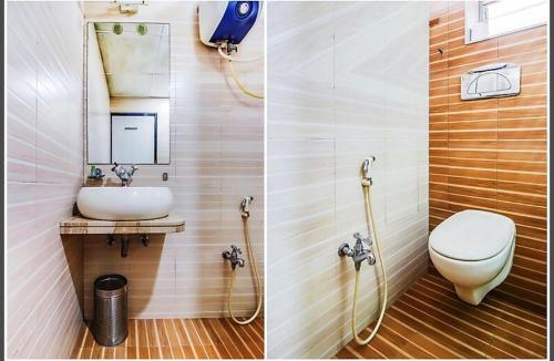 two pictures of a bathroom with a toilet and a sink at The Starlet Prime, A Hidden Peaceful Stay in Chandīgarh
