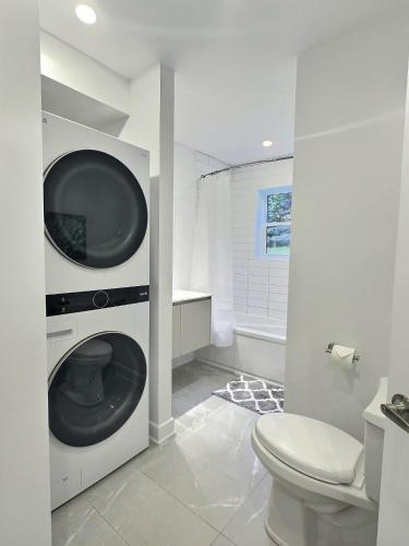 a bathroom with a toilet and a washing machine at Le domaine du Sous-Bois in Mont-Blanc