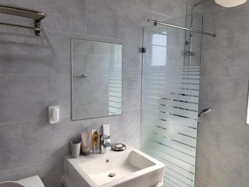 a bathroom with a sink and a shower with a mirror at House MOZAC in Jeju