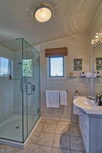 Upper Moutere的住宿－Clayridge Cottages，一间带玻璃淋浴和水槽的浴室