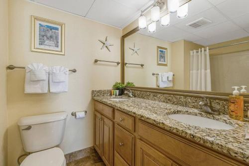 默特爾海灘的住宿－Breathtaking Oceanfront 3BR,2BA Suite/Grand Cayman 451，一间带水槽、卫生间和镜子的浴室