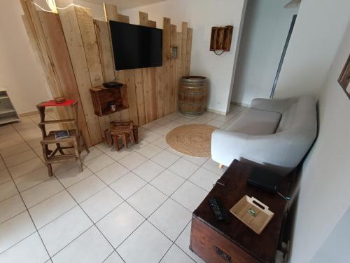 a living room with a couch and a tv at Villa Korail Caraibes in Les Trois-Îlets