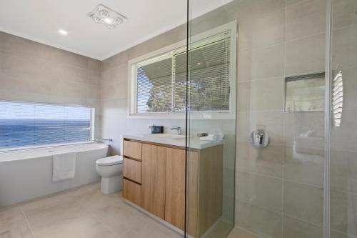 a bathroom with a toilet and a sink and a shower at Aegina in Metung