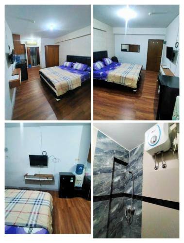 4 fotos diferentes de una habitación de hotel con 2 camas en BARBIE HOMESTAY en Bandung