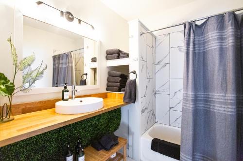 a bathroom with a sink and a shower at Stellar Suites in Louisville