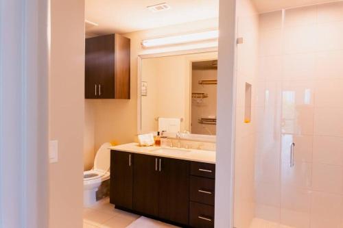 Luxurious & cozy 2bedroom/2bath apt downtwn Dallas في دالاس: حمام مع حوض ومرحاض ومرآة