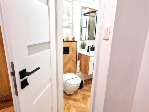 a bathroom with a white toilet and a sink at Honey Aquapark View in Płock