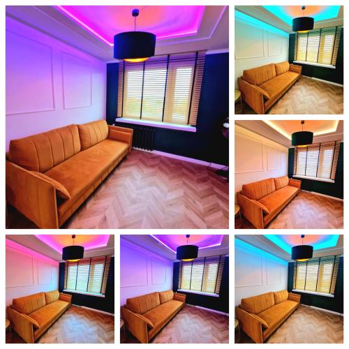 four pictures of a living room with a couch at Honey Aquapark View in Płock