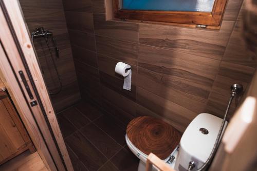 a small bathroom with a toilet with a wooden seat at maringotka schovanka in Malá Morávka