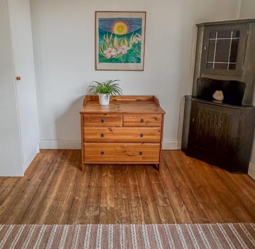 a room with a wooden dresser with a plant on it at Fridhem Coursecenter & Guesthouse in Stjärnsund