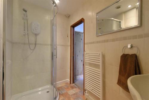 een badkamer met een douche, een wastafel en een spiegel bij Foxley Cottage in Charmouth