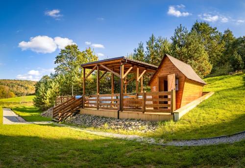 a wooden cabin in a grassy field at Glamping Pod Gwiazdami in Pietrusza Wola