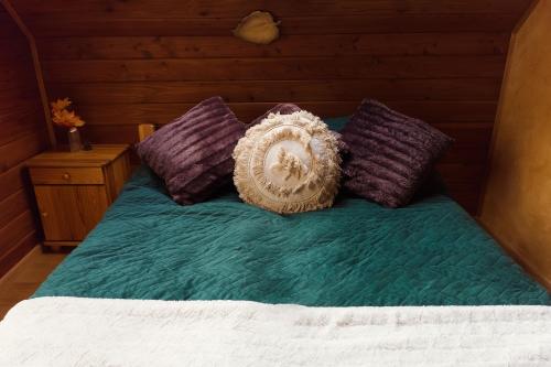 Una cama con almohadas moradas y moradas. en Glamping Pod Gwiazdami Pietrusza Wola en Pietrusza Wola