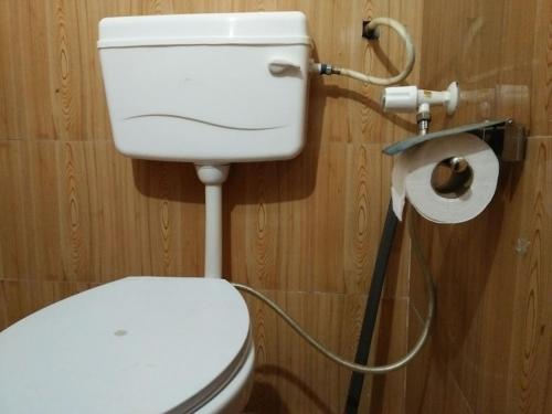 a white toilet in a bathroom with a roll of toilet paper at Kanatal Kutir in Kanatal